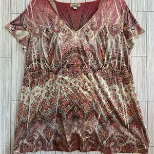 ONE WORLD colorful Pink & Cream Graphic Short Sleeve Blouse